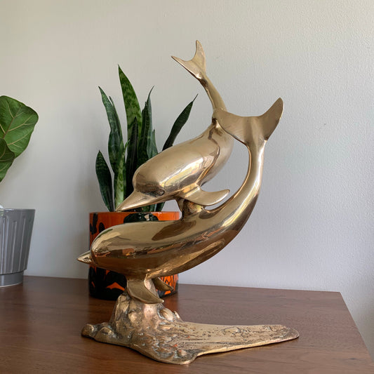 Vintage Large Brass Swimming Dolphins Sculpture